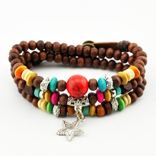 November's Chopin (TM) Unique Metal Pendant Wood Beads Leather Adjustable Wrap Bracelet