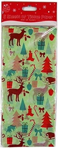 Christmas Printed Tissue Paper - Green, Reindeer - 5 Sheets, 26.7' x 19.7' and 10 Circle Stickers