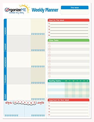 OrganizeME Weekly Planner Pad | Week Calendar Organizer For Daily Chores &amp; To Do Lists | Easy To Tear Off Bottom | 60 Pages Daily Notebook For Meal Planning, Event Going &amp; Healthy Habits Noting