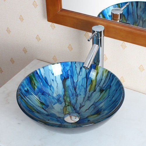 ELITE Bathroom Lt.blue Stripe Glass Vessel Sink & Chrome Faucet Combo On Sale