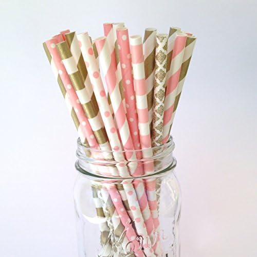 Blush Pink and Gold Paper Straws Vintage Style Classic Gold Pink Party Straws for Wedding Birthday Bridal Shower by Twigs and Twirls 75 ct.
