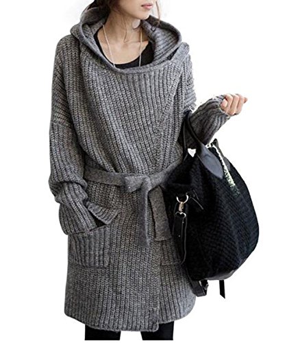 (ドチィン)DaoCheng 無地 長袖 カーディガ ン レディース 秋 冬 ゆったり あったか おしゃれ ロング ニット コート フード ベルトポケット付き セーター レディース 大人 可愛い カジュアル カットソー 韓国風 無地 長袖 カーディガ ン