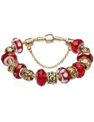 Fashion Beautiful European Style January Birthstone Garnet Red Murano Glass Beads Charm Beaded Gold Plated Bracelet fit for Pandora, Chamilia, Troll, Biagi Jewelry Jewellery for Women Girls