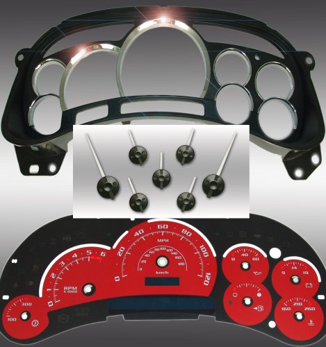 "2003-2005 Chevrolet truck and suv Escalade upgrade kit. This kit includes a red gauge face, needle kit and Escalade style lens."