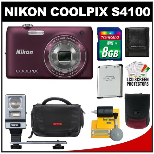 Nikon Coolpix S4100 14.0 MP Digital Camera (Plum) with 8GB Card + Battery + (2) Cases + Flash + Cleaning Kit