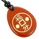 Fortune Lucky Coin Circle Red Jasper Amulet Word Stone Necklace