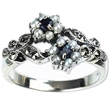 Gemini Silver Natural Seed Pearl Ring, Sapphire - Dahlia Vintage Collection