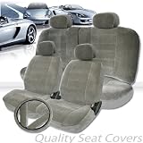 New 11 pieces Premium Grade Universal Size Velour Car Seat Covers Set with 40/60 Split Feature Rear Covers, Steering Wheel cover and Seat Belt Covers -Grey