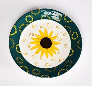 Embossed Handpainted Ceramic Round Dessert Plate, Sunflower Scape