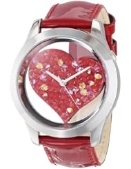 GUESS Womens U0113L2 Silver-Tone Clearly Inspired Red Crystal Heart Watch
