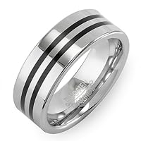 Tungsten Carbide Men's Ladies Unisex Ring Wedding Band 8MM (5/16 inch) Flat High Polished Double Black Stripes Comfort Fit (Available in Sizes 8 to 12) size 9