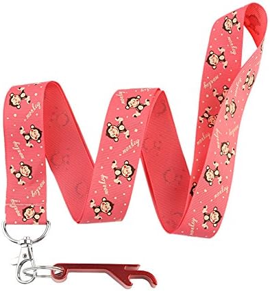 DIY Lovely Monkey Birthday Keychain Keyring Key Chain Holder Lanyard Straps with Mini Silver Steel Spring Clips -with Red Bottle Opener Keychain (Red)