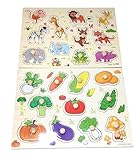 【KUENTAI】木製パズル 子供 知育玩具 数字・図形・果物・野菜・動物・×数字 アルファベット カラフル プレゼントにも おもちゃ キッズ 赤ちゃん (野菜&動物)