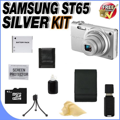 picture of Samsung EC-ST65 Digital Camera with 14 MP and 5x Optical Zoom (Silver) + 8GB Micro SD Memory Card + Extra Extended Life SLB-70A Battery + USB Card Reader + Samsung Deluxe Case + Memory Card Wallet + Accessory Saver Bundle!