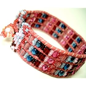 Crystal Glass Seed Beaded Leather Bracelet Pink Rose Joy and Peace - Fair Trade