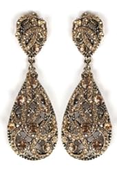 Antique Goldtone with Amber Iced Out Vine Twist Teardrop Shaped 3.25 Inch Dangle Clip on Earrings