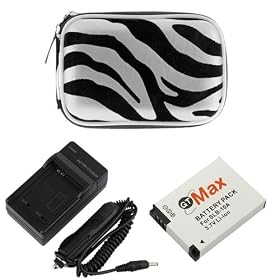 GTMax Compatible SLB-10A Battery + Travel Charger with Car Adapter + Silver Zebra Zipper Pouch Case for Samsung L100 L110 L200 L210 SL102 SL202 SL620 SL420