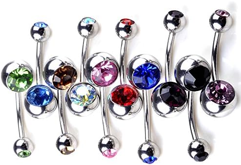 SingDV(TM) Lot of 10pcs 14G Stainless Steel Belly Button Ring Body Jewelry Piercing Silver (A-Silver(Double Multicolor Crystal))