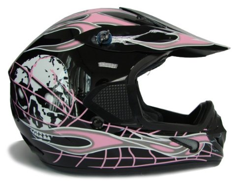 BLACK PINK SKULL FLAME MOTOCROSS HELMET ATV DIRT BIKE (HY-602-PINK/SKULL#15) (S)