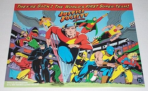  1992 JSA Justice Society of America 2 sided DC Comics Shop Promo Flyer Mini Poster: Golden Age Green Lantern/Hawkman/The Flash/Wildcat/Dr Mid-Nite/Starman/The Atom