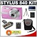 Olympus Stylus 840 8MP Digital Camera with Image Stabilized 5x Optical Zoom (Pink) + Transcend 4GB microSDHC Card with Card Reader + Spare Li-42B Battery for Olympus + Compact Padded Camera Case