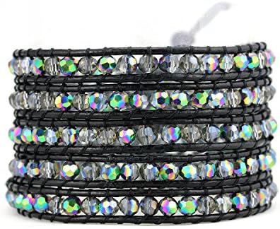 Handmade Leather Wrap Bracelet, Beaded Bracelets for Women, Five Rows Dark Ab Crystals, 36"