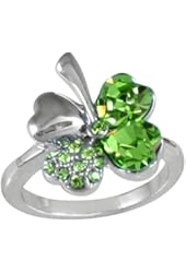 Four Leaf Clover Heart Shaped Swarovski Elements Crystal Rhodium Plated Ring (Green)