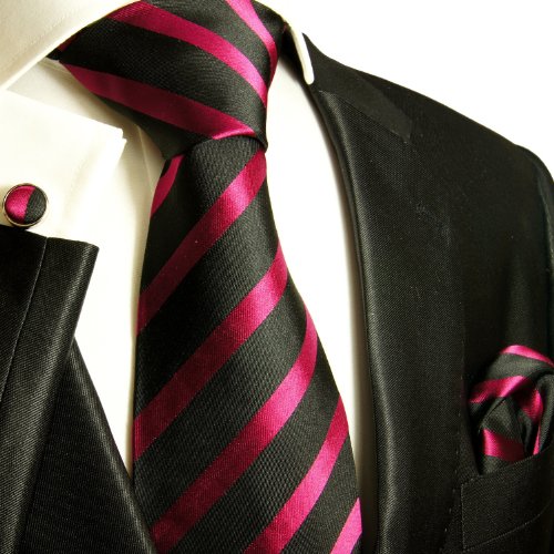 Krawatten Set 3tlg schwarz pink Seidenkrawatte + Manschettenknöpfe + Einstecktuch by Paul Malone