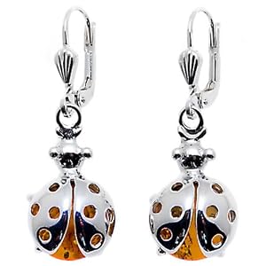 Millennium Collection Certified Genuine Honey Amber and Sterling Silver Lady Bug Euro-wire Earrings