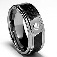 8MM Men's Tungsten Carbide Ring Wedding Band W/ Carbon Fiber Inaly and CZ size 11