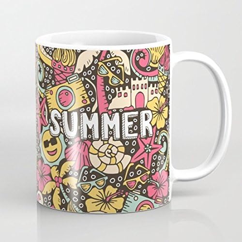 Lisapads Summer Doodle White Quality Ceramic Milk Cup Coffee Tea Mug for Gift Job Family 11 Oz