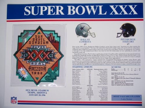 1995 Dallas Cowboys vs Pittsburgh Steelers NFL Super Bowl 30 (XXX) 1996 Larry Brown MVP Willabee Ward Patch and Stat Panel Card