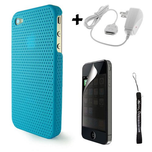 Aero Air Mesh Design Custom Style Durable Hard Protective Case for Apple iPhone 4 / 4th Generation compatible with 16GB / 32GB + 4-inch eBigValue (TM) Determination Hand Strap Key Chain + Includes a Travel Home Wall Charger for iPhone 4 + Includes a Front and Back Privacy Screen Protector for Apple iPhone 4