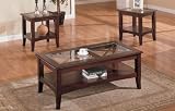 3pc Contemporary Cappuccino Coffee & End Table Set w/Glass Insert