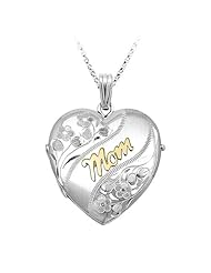 Heart Shaped "Mom" Locket in Sterling Silver with 14K Yellow Gold
