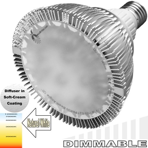 ecoBrites Ultr-Brites Dimmable 12x2w Hi-Performance LED light (replacing 200w incandescent/halogen bulbs). Natural White (3100k) Light Output in 120 degree Wide Angle Flood Beam Spread with Diffuser in soft cream coating. Standard PAR38 / R38. Working with Traditional Dimmer. Designed for Recessed Downlights, Spotlights, Track Lights & Floodlights (replacement or retrofit of Incandescent, Halogen, Fluorescent & CFL Bulbs). Ideal for High Ceilings, Lobbies, Entrances.