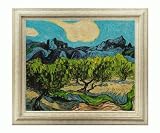 Art Reproduction Oil Painting - Van Gogh Paintings: Olive Trees with the Alpilles in the Background with Tuscan Ivory Frame - Lightly Marbled White Wood - 26 X 30 - Hand Painted Framed Canvas Art