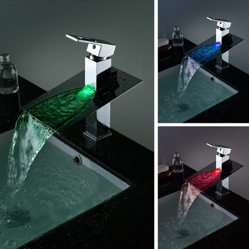 Single Handle Waterfall Color Changing Bathroom Countertop Sink LED Faucet, Chrome