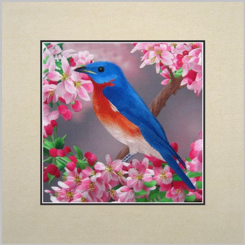 Susho, King Silk Art 100% Handmade Suzhou Silk Embroidery - The American Blue Bird - White Mat, No Frame 31106W