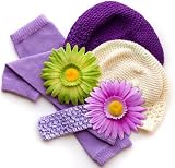 Purple Girls My Little Legs & My Little Noggin 6 piece cream hat, headband, flowers, & leg warmers gift basket for baby & toddler