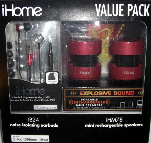 iHome iHB1 Value Pack- iHM78 Rechargeable Mini Speakers/ iB24 Earbuds