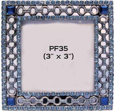 Vintage Square Chain Design Blue Rhinestones Metal Picture Frame (3x3)