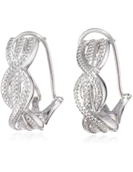 Sterling Silver White Diamond Straight Middle Intercrossed Omega Back "J" Hoop Earrings (0.02 Cttw, H-I Color, I2 Clarity)