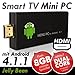 Android 4.1 Mini PC + SMART TV HDMI-Stick für Fernseher, Monitor etc. + 8 GB Interner Speicher + 1 GB DDR3 RAM+ 1,6 GHz Dual Core Prozessor + W-LAN / WiFi Verbindung + USB und Mini USB Anschluss für Wiedergabe von externen Datenträgern + Multimedia Entertainment am TV mit Android Apps