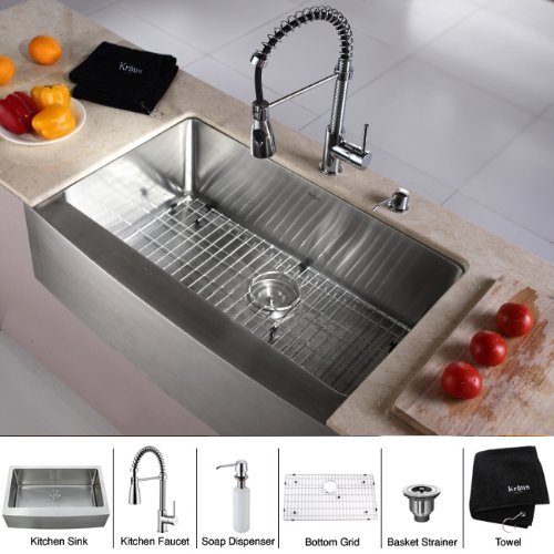 Kraus Stainless Steel Farmhouse Kitchen Sink Chrome Faucet/Dispenser, Chrome