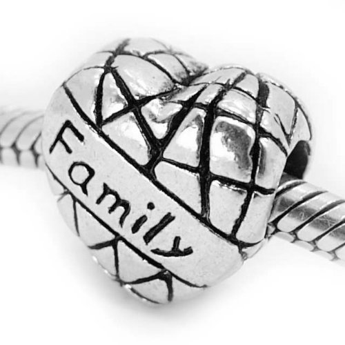 " Family on Heart " Antiqued Silver Bead Charm Spacer Pandora Troll Chamilia Biagi Bead Compatible