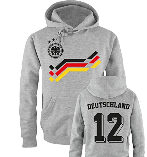 EM 2016 – RETRO-TRIKOT – DEUTSCHLAND – 12 – Herren Hoodie – Grau / Schwarz-Rot-Gelb Gr. M