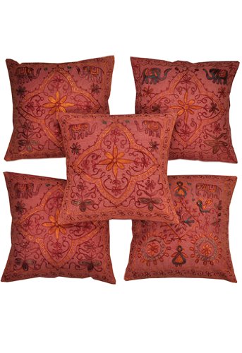 Imagen principal de Cojín de algodón indio cubre con tamaño de bordado de trabajo de 16 x 16 pulgadas Juego de 5 piezas