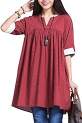 Elbow Length Sleeves Cotton Pleated Dots Print Mini Dress 