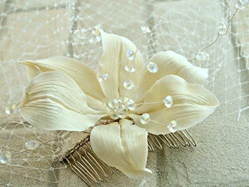 Birdcage veil bridal fascinator ~ Lily flower with crystals hair comb ~ Vintage inspired wedding headpiece for stylish bride ~ Off white or ivory